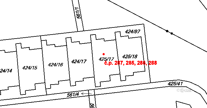 Petrovice 285,286,287,288, Praha na parcele st. 425/17 v KÚ Petrovice, Katastrální mapa
