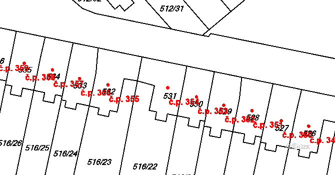 Třebeš 354, Hradec Králové na parcele st. 531 v KÚ Třebeš, Katastrální mapa