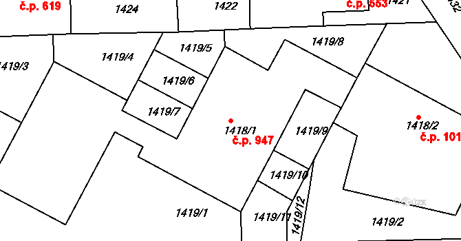 Kuřim 947 na parcele st. 1418/1 v KÚ Kuřim, Katastrální mapa