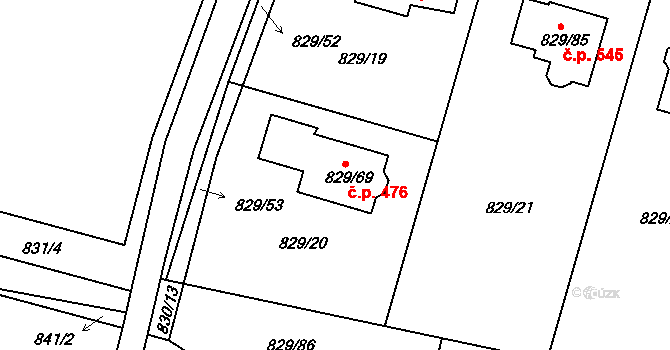 Zruč 476, Zruč-Senec na parcele st. 829/69 v KÚ Zruč, Katastrální mapa