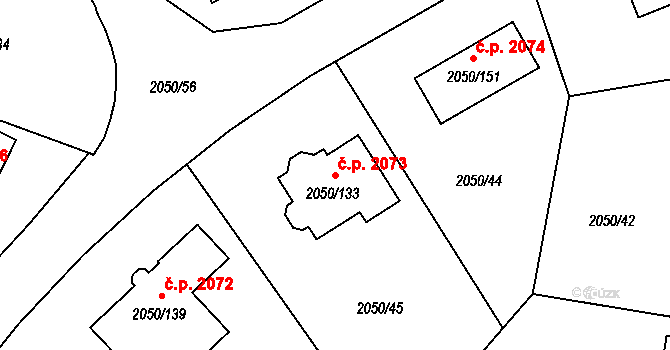 Pelhřimov 2073 na parcele st. 2050/133 v KÚ Pelhřimov, Katastrální mapa