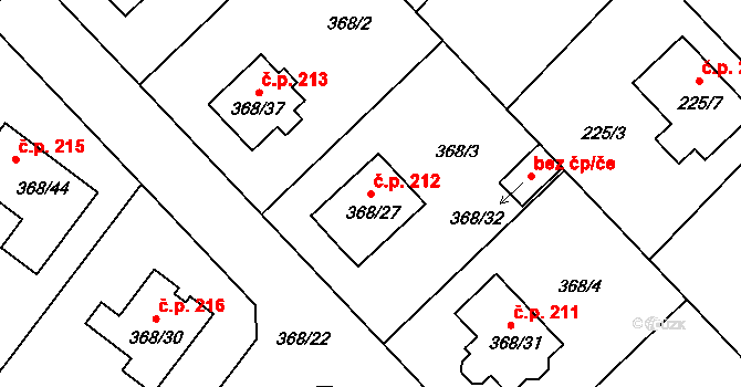 Hlízov 212 na parcele st. 368/27 v KÚ Hlízov, Katastrální mapa