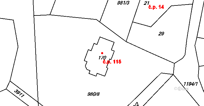 Děbolín 115, Jindřichův Hradec na parcele st. 170 v KÚ Děbolín, Katastrální mapa