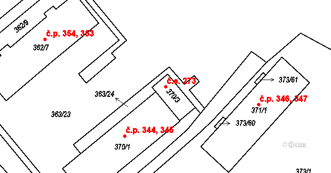 Rousínov 273 na parcele st. 370/3 v KÚ Rousínov u Vyškova, Katastrální mapa