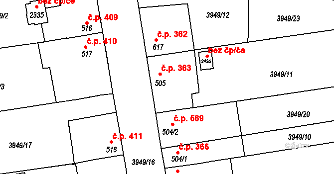 Bojkovice 363 na parcele st. 505 v KÚ Bojkovice, Katastrální mapa