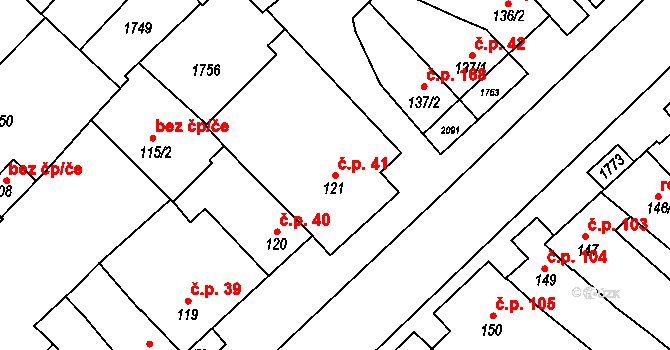Hostěrádky-Rešov 41 na parcele st. 121 v KÚ Hostěrádky, Katastrální mapa
