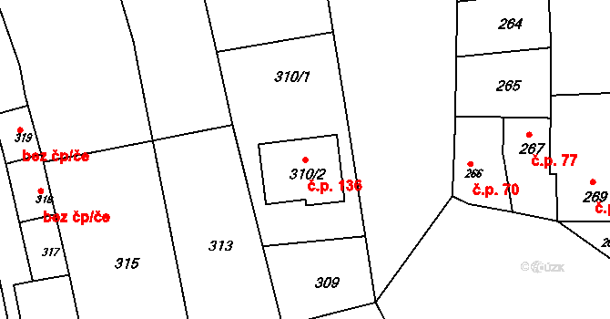 Marefy 136, Bučovice na parcele st. 310/2 v KÚ Marefy, Katastrální mapa