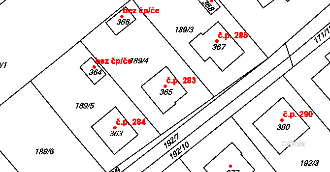 Rosice 283 na parcele st. 365 v KÚ Rosice u Chrasti, Katastrální mapa