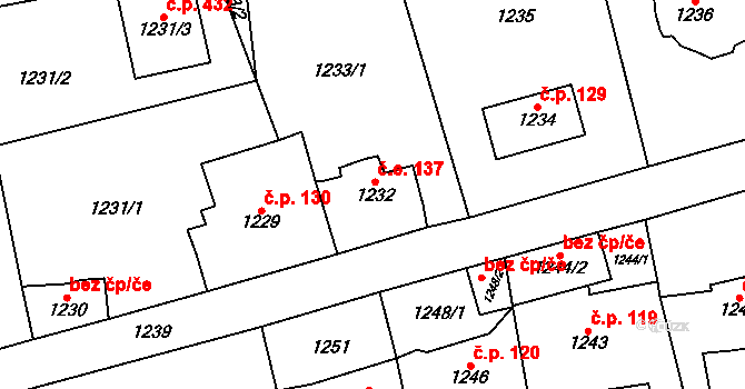 Všenory 137 na parcele st. 1232 v KÚ Všenory, Katastrální mapa