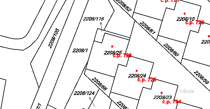 Veselí nad Lužnicí II 726, Veselí nad Lužnicí na parcele st. 2208/25 v KÚ Veselí nad Lužnicí, Katastrální mapa