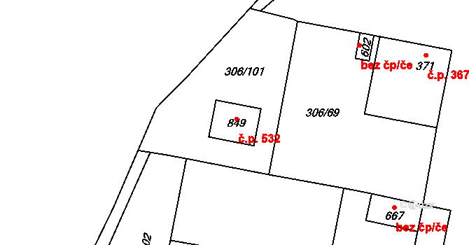 Všetaty 532 na parcele st. 849 v KÚ Všetaty, Katastrální mapa
