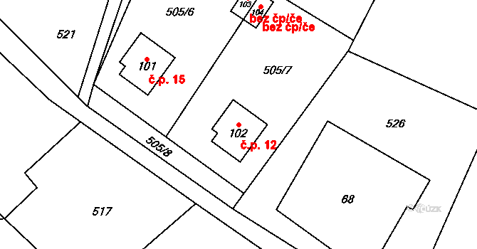 Dlouhá Ves 12, Hynčina na parcele st. 102 v KÚ Křižanov u Zábřeha, Katastrální mapa