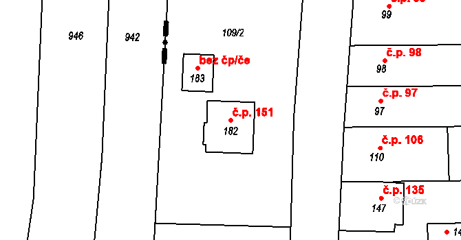 Lípy 151, Slatinice na parcele st. 182 v KÚ Lípy, Katastrální mapa