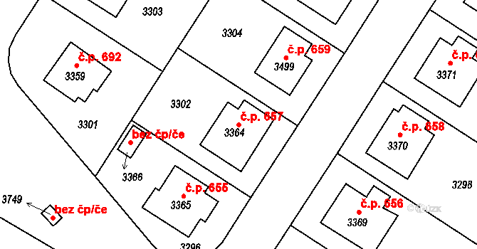 Kamenice nad Lipou 657 na parcele st. 3364 v KÚ Kamenice nad Lipou, Katastrální mapa