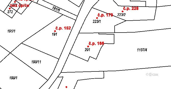 Prostřední Lánov 166, Lánov na parcele st. 201 v KÚ Prostřední Lánov, Katastrální mapa