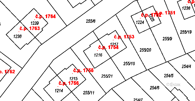 Švermov 1754, Kladno na parcele st. 1216 v KÚ Hnidousy, Katastrální mapa