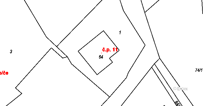 Dílce 11 na parcele st. 64 v KÚ Dílce, Katastrální mapa