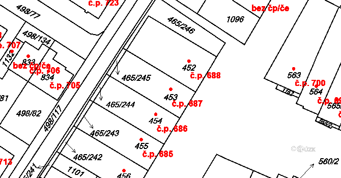 Přímětice 687, Znojmo na parcele st. 453 v KÚ Přímětice, Katastrální mapa