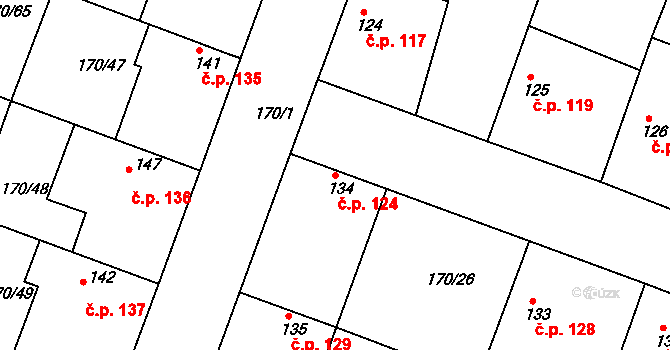 Hořátev 124 na parcele st. 134 v KÚ Hořátev, Katastrální mapa