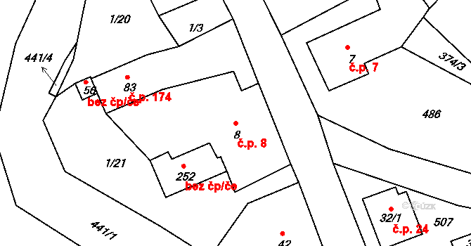 Merklín 8 na parcele st. 8 v KÚ Merklín u Karlových Var, Katastrální mapa