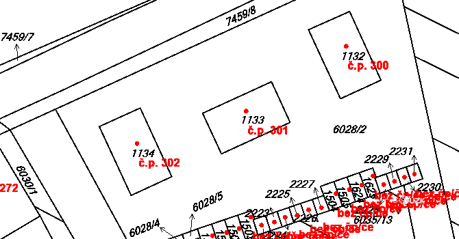 Telč-Podolí 301, Telč na parcele st. 1133 v KÚ Telč, Katastrální mapa