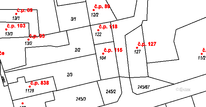Horoměřice 115 na parcele st. 104 v KÚ Horoměřice, Katastrální mapa