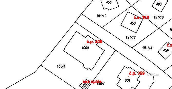 Jevany 408 na parcele st. 1000 v KÚ Jevany, Katastrální mapa