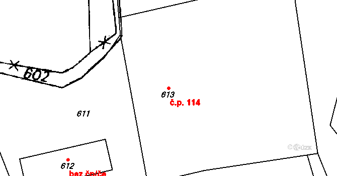 Staříč 114 na parcele st. 613 v KÚ Staříč, Katastrální mapa
