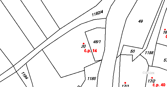 Bradáčov 14 na parcele st. 20 v KÚ Bradáčov, Katastrální mapa