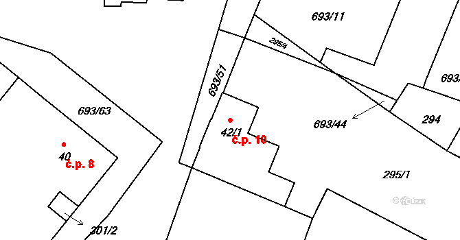 Sudoměřice u Bechyně 10 na parcele st. 42/1 v KÚ Sudoměřice u Bechyně, Katastrální mapa