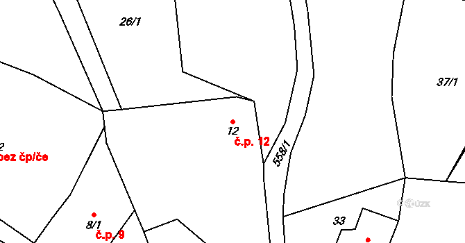 Chroustov 12, Úhlejov na parcele st. 12 v KÚ Chroustov u Miletína, Katastrální mapa