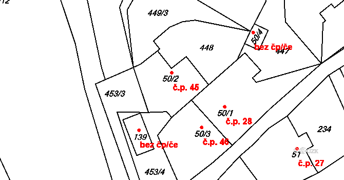 Tlučeň 45, Hlinná na parcele st. 50/2 v KÚ Tlučeň, Katastrální mapa