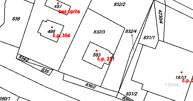 Pomezí 211 na parcele st. 563 v KÚ Pomezí, Katastrální mapa