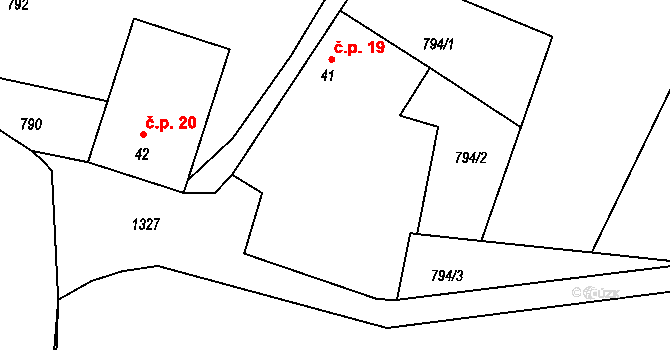 Ratměřice 19 na parcele st. 41 v KÚ Ratměřice, Katastrální mapa
