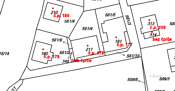 Unčín 178, Krupka na parcele st. 211 v KÚ Unčín u Krupky, Katastrální mapa