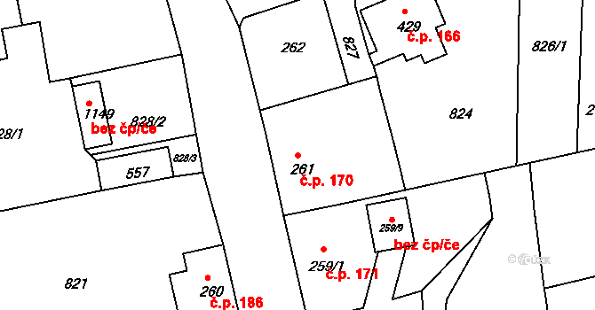 Benešov nad Ploučnicí 170 na parcele st. 261 v KÚ Benešov nad Ploučnicí, Katastrální mapa