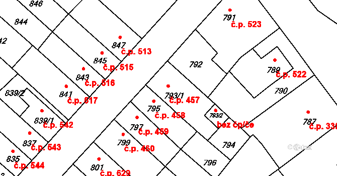 Pelhřimov 457 na parcele st. 793/1 v KÚ Pelhřimov, Katastrální mapa