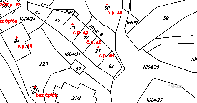 Petlery 46, Domašín na parcele st. 21 v KÚ Petlery, Katastrální mapa