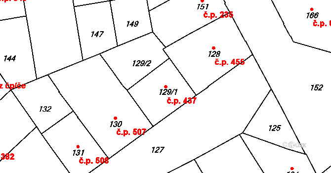 Vršovice 437, Praha na parcele st. 129/1 v KÚ Vršovice, Katastrální mapa