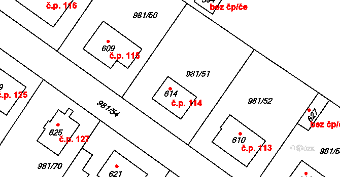 Bělušice 114 na parcele st. 614 v KÚ Bělušice, Katastrální mapa