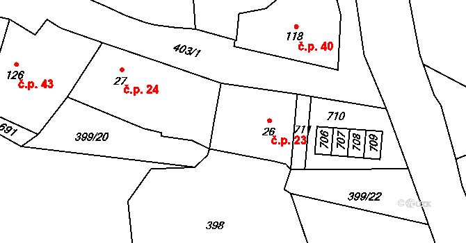 Horní Cetno 23, Niměřice na parcele st. 26 v KÚ Niměřice, Katastrální mapa