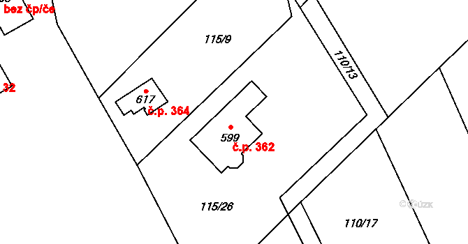 Milíkov 362 na parcele st. 599 v KÚ Milíkov u Jablunkova, Katastrální mapa