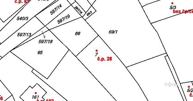 Děbolín 28, Jindřichův Hradec na parcele st. 7 v KÚ Děbolín, Katastrální mapa