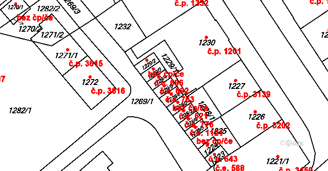 Chomutov 763 na parcele st. 1229/5 v KÚ Chomutov I, Katastrální mapa