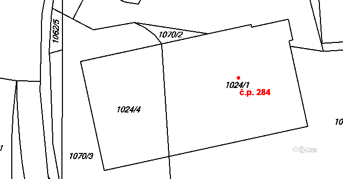 Hodolany 284, Olomouc na parcele st. 1024/1 v KÚ Hodolany, Katastrální mapa