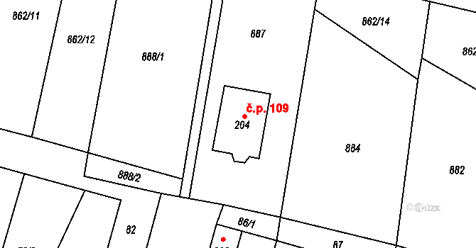 Damnov 109, Bor na parcele st. 204 v KÚ Damnov, Katastrální mapa