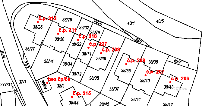 Benice 209, Praha na parcele st. 38/36 v KÚ Benice, Katastrální mapa