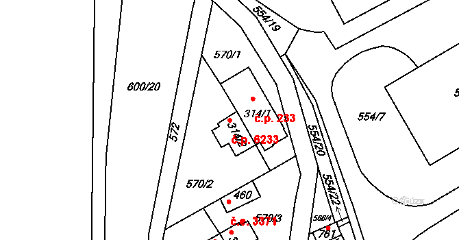 Louky 6233, Zlín na parcele st. 314/2 v KÚ Louky nad Dřevnicí, Katastrální mapa