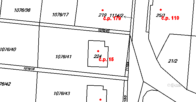 Prčice 15, Sedlec-Prčice na parcele st. 224 v KÚ Prčice, Katastrální mapa