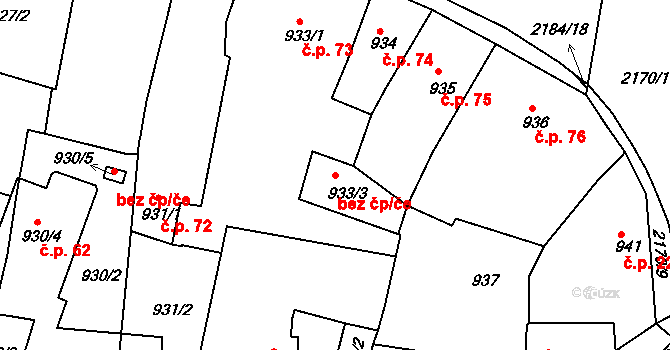 Březnice 38607077 na parcele st. 933/3 v KÚ Březnice, Katastrální mapa